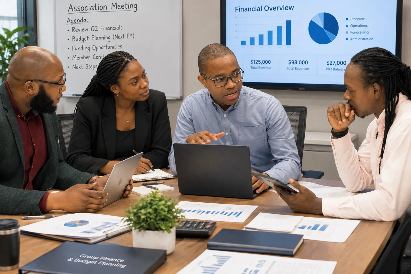 An association committee reviewing their group's fund performance together